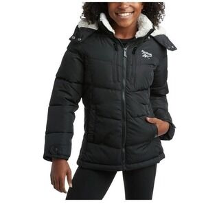 Reebok Puffer Jacket Black Sherpa Lined Hood Water Wind Resistant XS
